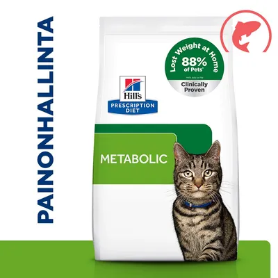 Hill's Prescription Diet Metabolic -kissanruoka. Painatus: Laihtui kotona, 88 % lemmikeistä, kliinisesti todistettu. Tekstilinkit: PAINONHALLINTA. Hill's Prescription Diet Metabolic -kissanruoka. Painatus: Laihtui kotona, 88 % lemmikeistä, kliinisesti todistettu. Tekstilinkit: PAINONHALLINTA.