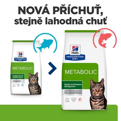 Hill's Prescription Diet Metabolic krmivo pro kočky, nová příchuť. Obal ukazuje změnu z ryby na jinou variantu. Pro řízení hmotnosti a diabetes.