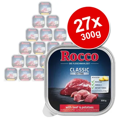 Rocco Classic Extra with beef & potatoes, 27 trays x 300g. Visible text: with extra potatoes, omega-3, dietary fibres. Product packaging shows beef and potatoes image.