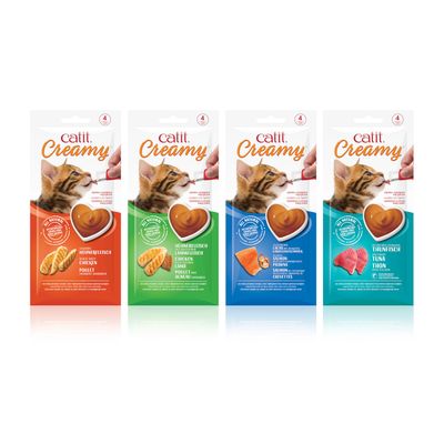 Neljä pakkausta catit Creamy: kananliha, kana & lammas, lohi & katkaravut, tonnikala. Kussakin 4 annosta. 100 % luonnollisia ainesosia pakkauksen merkinnän mukaan.