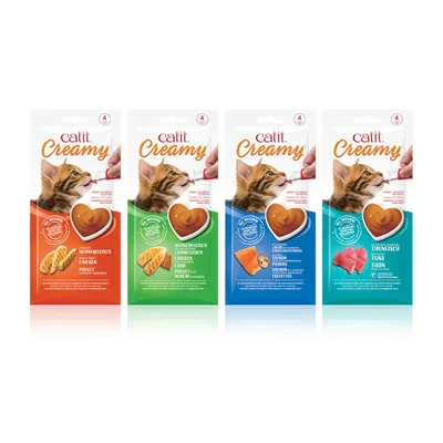 Neljä pakkausta catit Creamy: kananliha, kana & lammas, lohi & katkaravut, tonnikala. Kussakin 4 annosta. 100 % luonnollisia ainesosia pakkauksen merkinnän mukaan. Neljä pakkausta catit Creamy: kananliha, kana & lammas, lohi & katkaravut, tonnikala. Kussakin 4 annosta. 100 % luonnollisia ainesosia pakkauksen merkinnän mukaan.