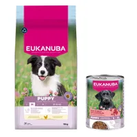 Croquettes Eukanuba Premium Nutrition 15 kg pour chien + boîtes 3 x 400 g offertes ! - Puppy Medium Breed au poulet + Puppy Riche en Bœuf et Citrouille 