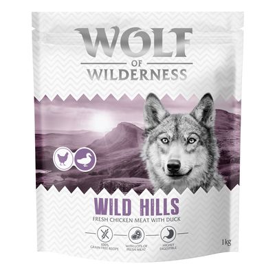 Wolf of Wilderness Adult Wild Hills für alle Rassen und Grössen. Hohe Verdaulichkeit, 100% getreidefreie Rezeptur, mit extra viel Frischfleisch.