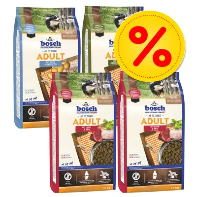 Vier zakken bosch Adult hondenvoer, varianten met vis & aardappel, gevogelte, lam & rijst. Groot geel kortingssymbool met rood procentteken zichtbaar op de voorgrond. Vier zakken bosch Adult hondenvoer, varianten met vis & aardappel, gevogelte, lam & rijst. Groot geel kortingssymbool met rood procentteken zichtbaar op de voorgrond.