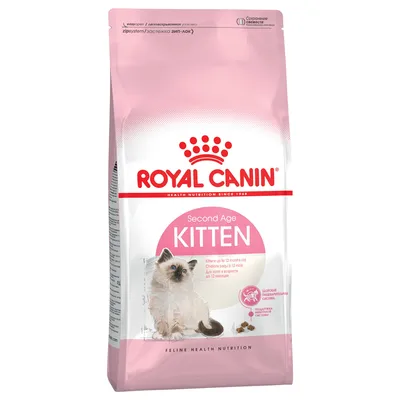 Royal Canin Second Age Kitten, croquettes pour chats jusqu'à 12 mois. Emballage au design rose avec image d'un jeune chat.