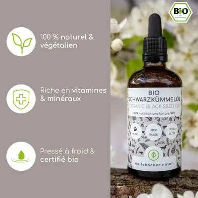 Huile de cumin noir bio de Wolfsbacher Natur, 100 % naturelle et pressée à froid, riche en vitamines et minéraux, certifiée bio, adaptée à toutes les races et à tout âge.