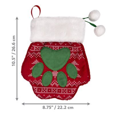 Calza di Natale rossa a forma di zampa con impronta verde, bordo in peluche bianco e due pon pon bianchi. Con passante rosso per appendere.