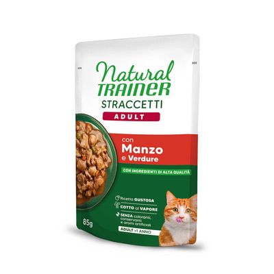 Lot de 44 sachets Natural Trainer Straccetti pour chat, 85 g chacun. Texte visible : 'ADULT 1+ ANNI/YEARS', 'CON TONNO E VERDURE'. Image d’un chat et du produit en sauce.