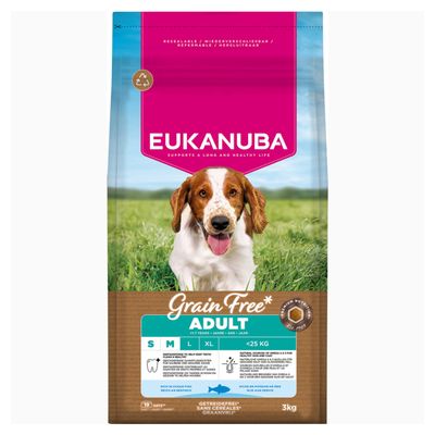 Eukanuba Premium tørfoder, kornfri, til små og mellemstore racer, voksen 1-7 år, rig på havfisk, 3 kg pakke.