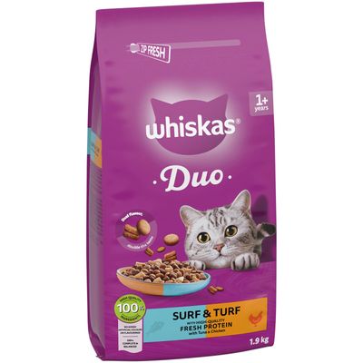 Whiskas Duo Surf & Turf Cat Food, 1.9 kg, with fresh protein from tuna and chicken, 100% high-quality ingredients, no artificial colours or flavourings.