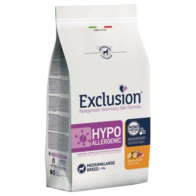 Sac Exclusion Monoprotein Veterinary Diet Formula HYPOALLERGENIC, pour chiens moyens et grands (>10 kg), canard & pomme de terre, mention Made in Italy visible sur l'emballage.