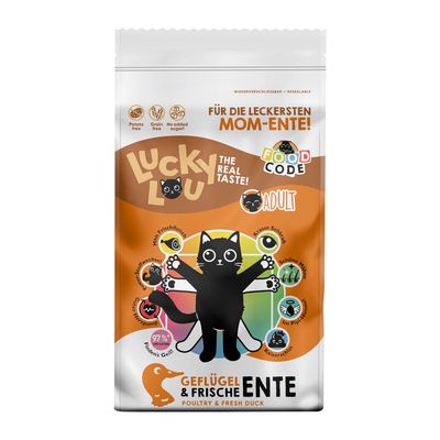 Lucky Lou Adult Katzenfutter mit Geflügel und frischer Ente. Wieder verschliessbar, ohne Kartoffeln, getreidefrei, ohne Zuckerzusatz. Für gesunde Augen, schönes Fell und starke Krallen.