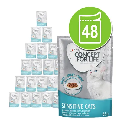 Concept for Life Sensitive Cats, lot de 48 sachets 85 g pour chats sensibles, visuel du paquet avec un chat blanc et mention sauce gravy. Concept for Life Sensitive Cats, lot de 48 sachets 85 g pour chats sensibles, visuel du paquet avec un chat blanc et mention sauce gravy.
