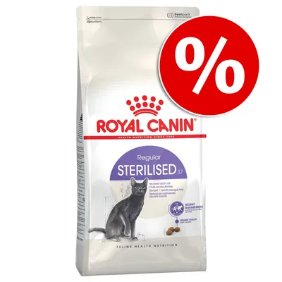 ROYAL CANIN Regular STERILISED 37, suha hrana za mačke, vidna slika sterilizirane mačke na embalaži, velik rdeč simbol odstotka (%) označuje posebno ponudbo.