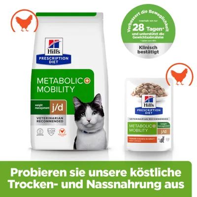 Hill's Prescription Diet Metabolic + Mobility j/d Trocken- und Nassnahrung, verbessert Beweglichkeit in 28 Tagen, klinisch bestätigt, mit Huhn. Probieren Sie unsere köstliche Nahrung aus.