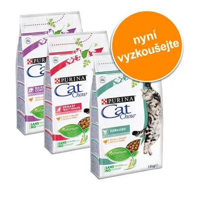 Tři balení Purina Cat Chow: Hairball Control, Urinary Tract Health a Sterilised, každé 1,5 kg. Oranžový kruh s textem 'nyní vyzkoušejte'.