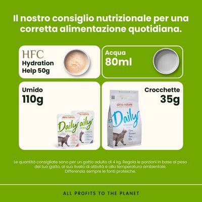 Razioni consigliate: HFC Hydration Help 50g, acqua 80ml, alimento umido 110g, crocchette 35g al giorno. Adatto per un'alimentazione equilibrata.
