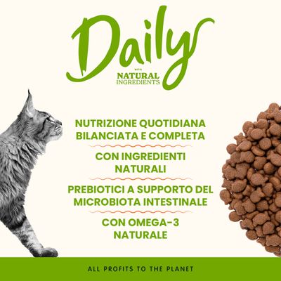 Daily con componenti naturali. Alimentazione quotidiana equilibrata, componenti naturali, prebiotici per la flora intestinale, Omega-3 naturale. All Profits to the Planet.
