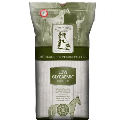 Mühldorfer Pferdefutter Low Glycaemic Prebiotic. Volwaardig paardenvoer met verlaagd zetmeel- en suikergehalte.