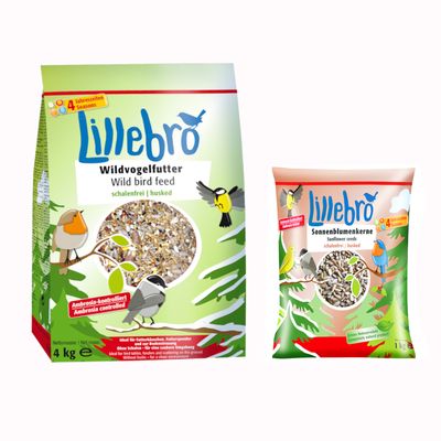 Lillebro Wildvogelfutter 4 kg a Sonnenblumenkerne 1 kg, zmes pre divé vtáky, nápis Ambrosia-kontrolliert, veľký červený symbol percenta na zľavu, text v nemčine a angličtine.