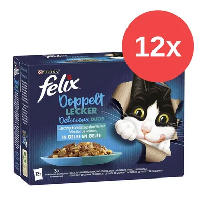 Purina Felix Doppelt Lecker Délicieux Duos, Geschmacksvielfalt aus dem Wasser in Gelee, 12x Portionen. Verpackung mit Katze und Fischgericht abgebildet.