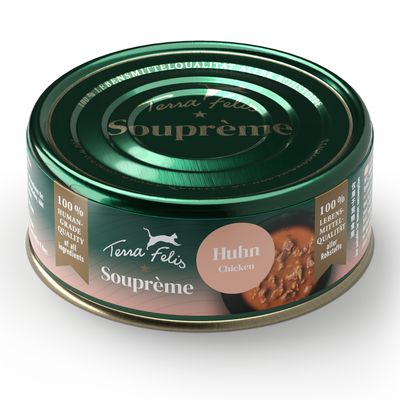 Terra Felis Souprème Kylling, 100% fødevarekvalitet af alle råvarer, Human Grade kvalitet af alle ingredienser, dåse med synligt produktindhold.