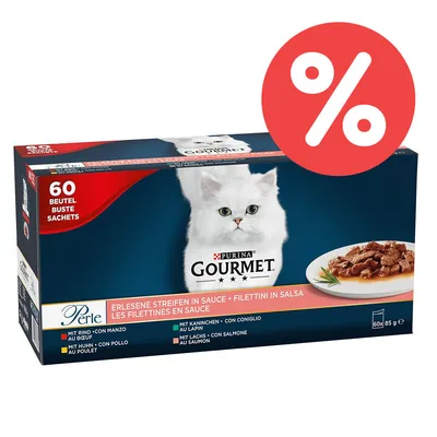 Purina Gourmet Perle, 60 Beutel mit erlesenen Streifen in Sauce. Sorten: Rind, Huhn, Kaninchen, Lachs. Packungsgrösse: 60x85g. Purina Gourmet Perle, 60 Beutel mit erlesenen Streifen in Sauce. Sorten: Rind, Huhn, Kaninchen, Lachs. Packungsgrösse: 60x85g.