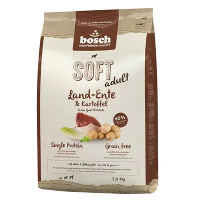 Bosch Soft Adult Land-Ente & Kartoffel, proteína única, sin cereales, a partir de 1 año, 2,5 kg. Contiene 60% carne de pato fresca como fuente de proteína animal.