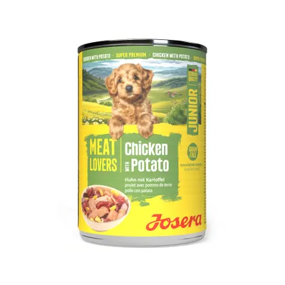 Josera Meat Lovers with Chicken with Potato, chicken with potato, Junior, grain free, German quality, super premium. Illustration of meat and potatoes. Josera Meat Lovers with Chicken with Potato, chicken with potato, Junior, grain free, German quality, super premium. Illustration of meat and potatoes.