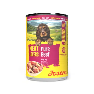 Josera Meat Lovers Pure Beef Junior, czysta wołowina, bez zboża, niemiecka jakość, super premium, ilustracja kawałków mięsa na puszce. Josera Meat Lovers Pure Beef Junior, czysta wołowina, bez zboża, niemiecka jakość, super premium, ilustracja kawałków mięsa na puszce.