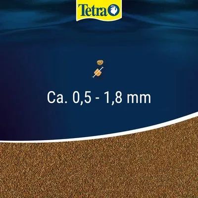 Tetra, korrelgrootte ca. 0,5–1,8 mm zichtbaar op afbeelding met bruine korrels onderaan.