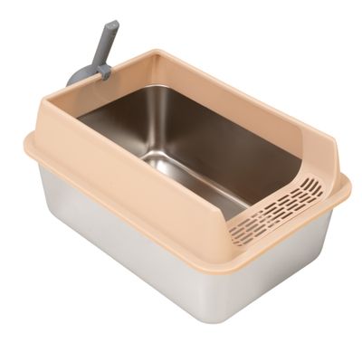 Katzenstreu-Box aus Metall und Kunststoff mit beige Abdeckung und grauer Streuschaufel, seitlich befestigt.