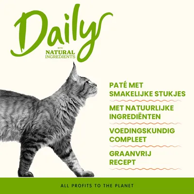 Daily met natuurlijke ingrediënten. Paté met smakelijke stukjes, met natuurlijke ingrediënten, voedingskundig compleet, graanvrij recept. Alle winst voor de planeet.