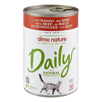 Boîte de pâté pour chat almo nature Daily, au bœuf, ingrédients naturels, recette sans céréales, mention Adult Cat. Texte en anglais, français, italien, allemand, néerlandais et espagnol.