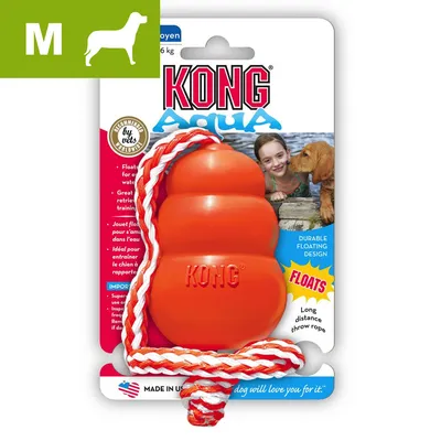 KONG Aqua medium toy with floating design, long distance throw rope, floats in water, recommended by vets, suitable for dogs 7-16 kg. Durable and ideal for retrieval training.