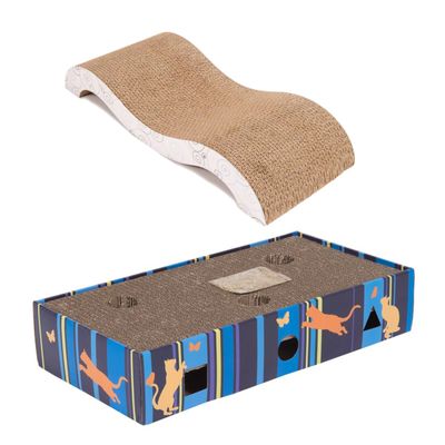 Katzenspielzeug aus Pappe mit Kratzfläche, buntem Design und Öffnungen. Dekoriert mit Katzen- und Schmetterlingsmotiven.