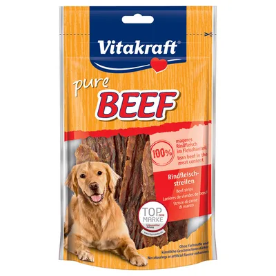 Vitakraft pure Beef λωρίδες βοδινού, 100% άπαχο βοδινό στο ποσοστό κρέατος, χωρίς χρωστικές και ενισχυτικά γεύσης. Top Marke 2018 Lebensmittel Praxis.
