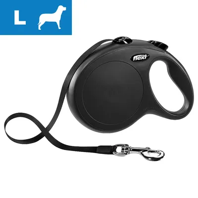 Retractable black lead with handle and clip, size L indicated by icon in top left corner Retractable black lead with handle and clip, size L indicated by icon in top left corner