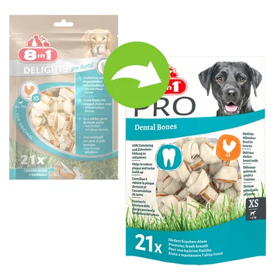 8in1 Delights pro dental ja 8in1 PRO Dental Bones XS koirille, pakkaukset, 21 kpl. Näkyvissä kana-symboli, hammas-symboli sekä englanninkieliset tuotetiedot.