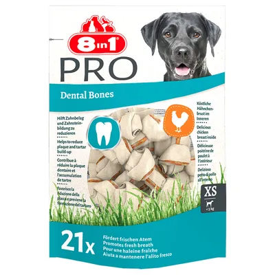 8 in 1 PRO Dental Bones, helps reduce plaque and tartar build-up, promotes fresh breath, contains chicken breast inside, pack of 21, size XS for under 5 kg.