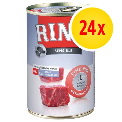 Rinti Sensible hondenvoer blik, rund pur, geen koolhydraten, voor gevoelige honden, 1% dierlijk eiwit, graanvrij. Verpakking met 24 stuks zichtbaar.