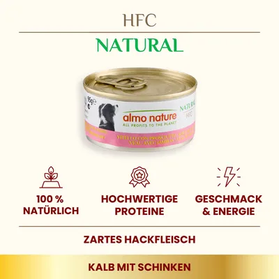 almo nature HFC Natural, boîte 95 g veau avec jambon. Texte visible : 100 % natürlich, hochwertige Proteine, Geschmack & Energie, zartes Hackfleisch, Kalb mit Schinken.