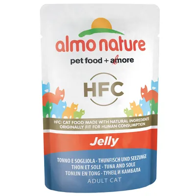 almo nature HFC Jelly Thunfisch und Seezunge. Katzenfutter mit natürlichen Zutaten, ursprünglich für den menschlichen Verzehr geeignet. Adult Cat.