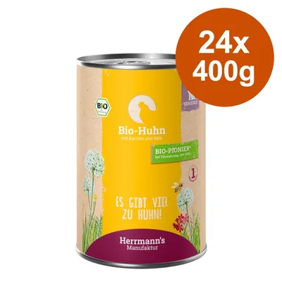 Herrmann's Manufaktur Bio-Huhn mit Karotte und Reis, 24x400g. Texte visibles : BIO-PIONIER, Es gibt viel zu Huhn!, label bio. Emballage de conserve.