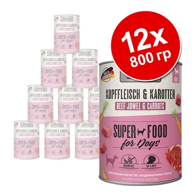 Набор из 12 консервов MAC's Kopfﬂeisch & Karotten Super Food for Dogs по 800 г. Видны надписи: Beef Jowel & Carrots, Grainfree, 94 % Beef, Made in Germany.