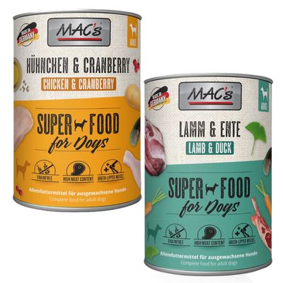 MAC's Super Food for Dogs, pääliha ja porkkanat, 12x400g, valmistettu Saksassa, viljaton, 93 % naudanlihaa, täysravinto aikuisille koirille.