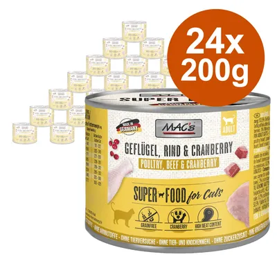 MAC's Superfood dla kotów, drób, wołowina i żurawina. 24x200g puszek. Wyprodukowano w Niemczech, bez zbóż, wysoka zawartość mięsa, bez dodatku cukru, bez testów na zwierzętach.