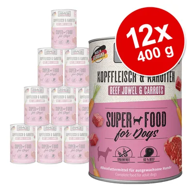 MAC's Super Food for Dogs, Kopf Fleisch & Karotten, 12x400g, Made in Germany, getreidefrei, 93% Rindfleisch, Alleinfuttermittel für ausgewachsene Hunde.