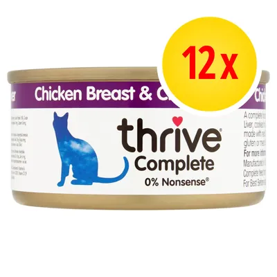 thrive Complete kattenvoer, Chicken Breast & Chicken Liver, 0% Nonsense, verpakking met 12 stuks zichtbaar op het blikje