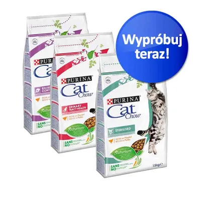 Trzy opakowania Purina Cat Chow: Hairball Control, Urinary Tract Health i Sterilised 1,5 kg. Niebieskie kółko z napisem „Wypróbuj teraz!”.